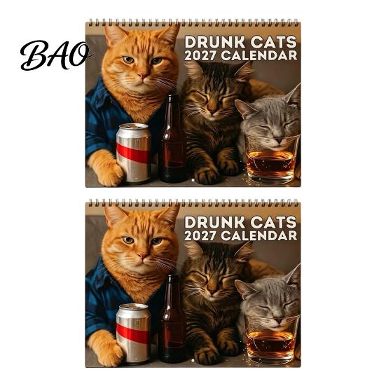 Gift for Cat Owners Fans 2027 Drunk Cats Calendar, Funny Wall Calendar with 12 Hilarious Drinking Illustration, Monthly Planner Home Office