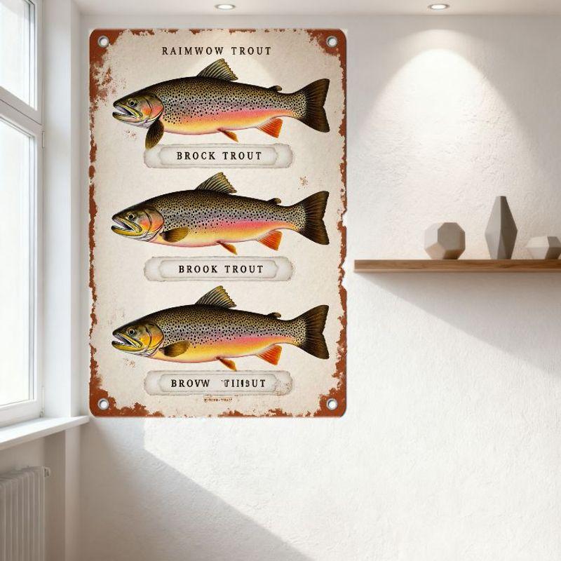 Vintage Rustic Trout Metal Tin Sign - Rainwow, Brock, Brown Trout Illustrations, Distressed Aged Wall Decor with Hanging Holes F