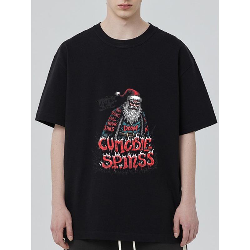 

Black T Shirt with Zombie Santa Claus and Cumbia Spins Text Design for Halloween and Christmas Party Wear XXXXL