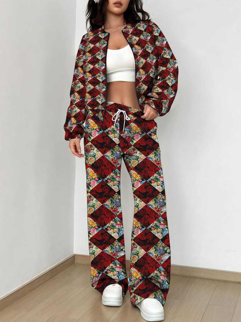 Retro Diamond Print Set for Women's Vintage In the New European and American Women's Outfit for Autumn and Winter