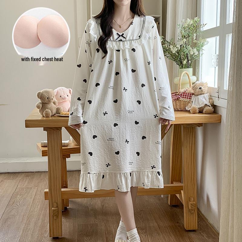 Spring & Autumn Lace Long Sleeve Cotton Nightgown with Fixed Chest Pad