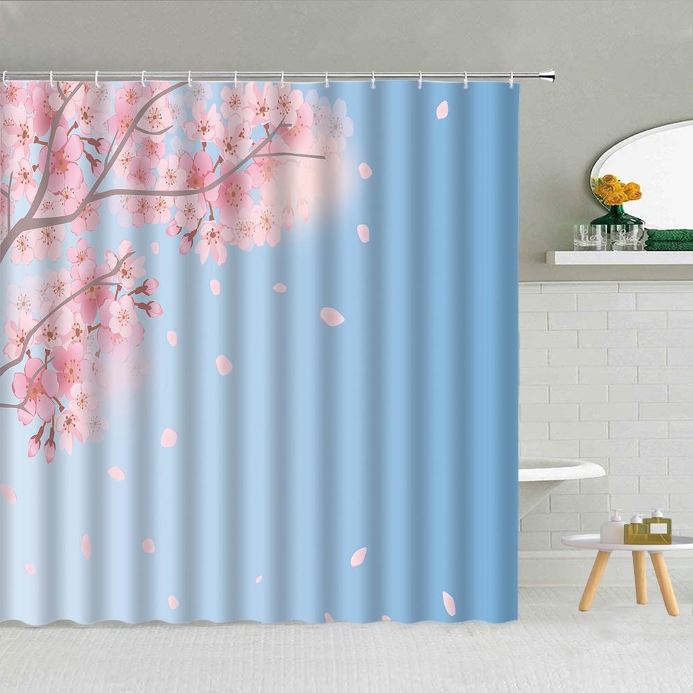 Floral Shower Curtain, Spring Nature Theme Cherry Blossom Bathroom Decor Polyester Fabric Waterproof Bath Curtain with Hooks