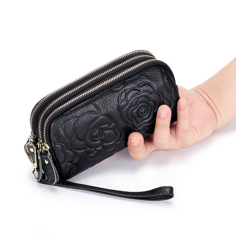 Cross-border leather clutch bag, women's new three-layer zipper, mobile phone small bag, simple mother small clutch bag