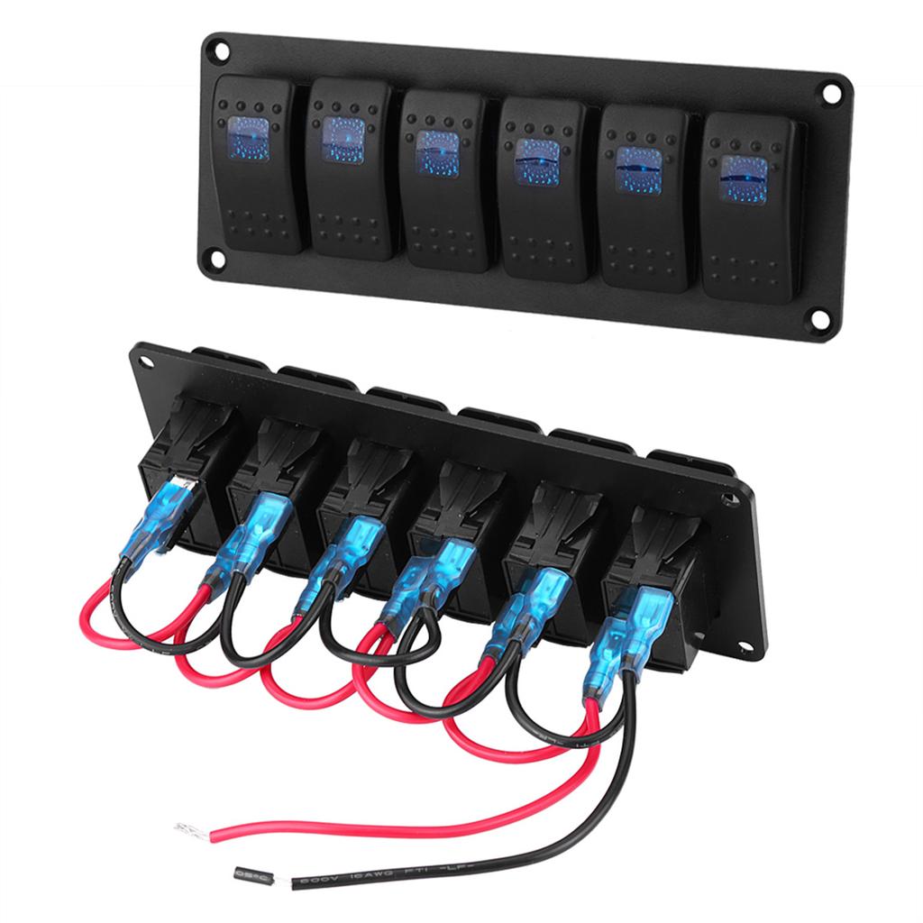 12 24V 6 Gang Rocker Switch Panel for Car RV Boat Yacht Marine Blue LED