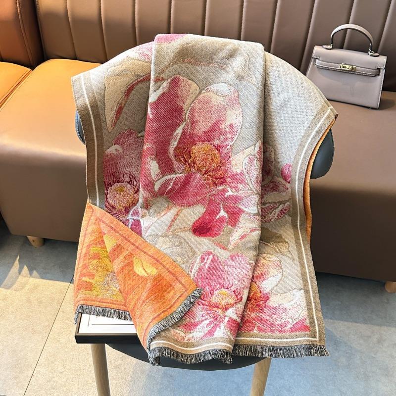 Winter new oil painting fashion peony flower imitation cashmere scarf women's elegant warm thickened shawl
