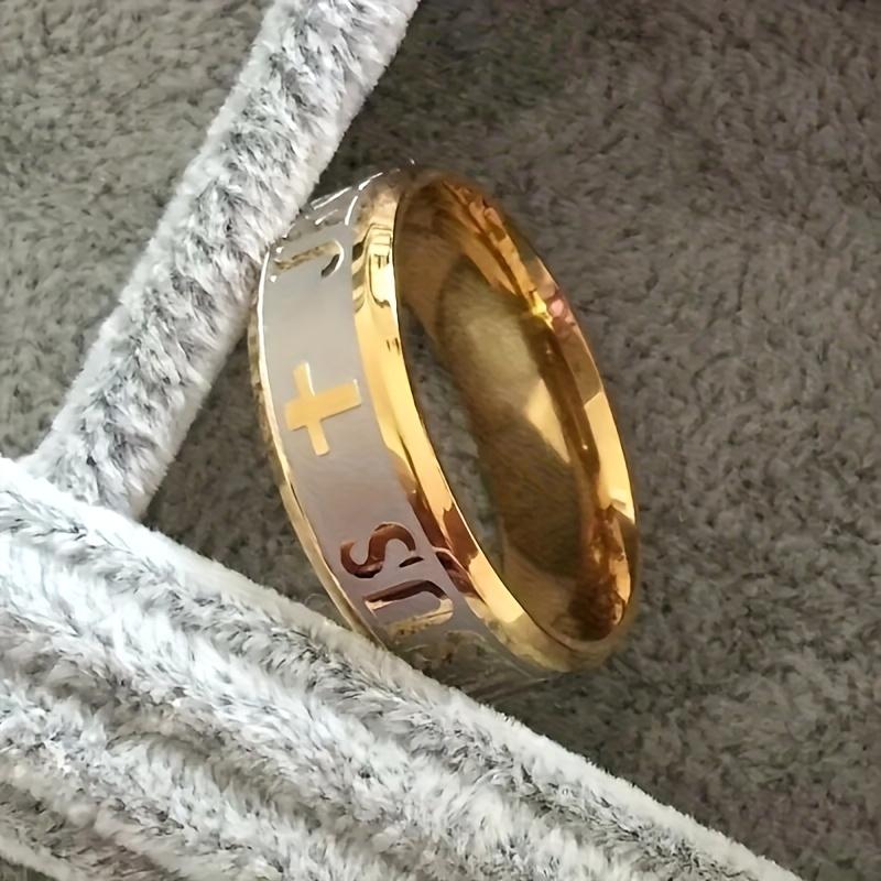 Retro Stainless Steel Ring For Men With Cross And Jesus Engraving - Golden, Durable Metal, Stylish Accessories For A Spirit And Stylish Look