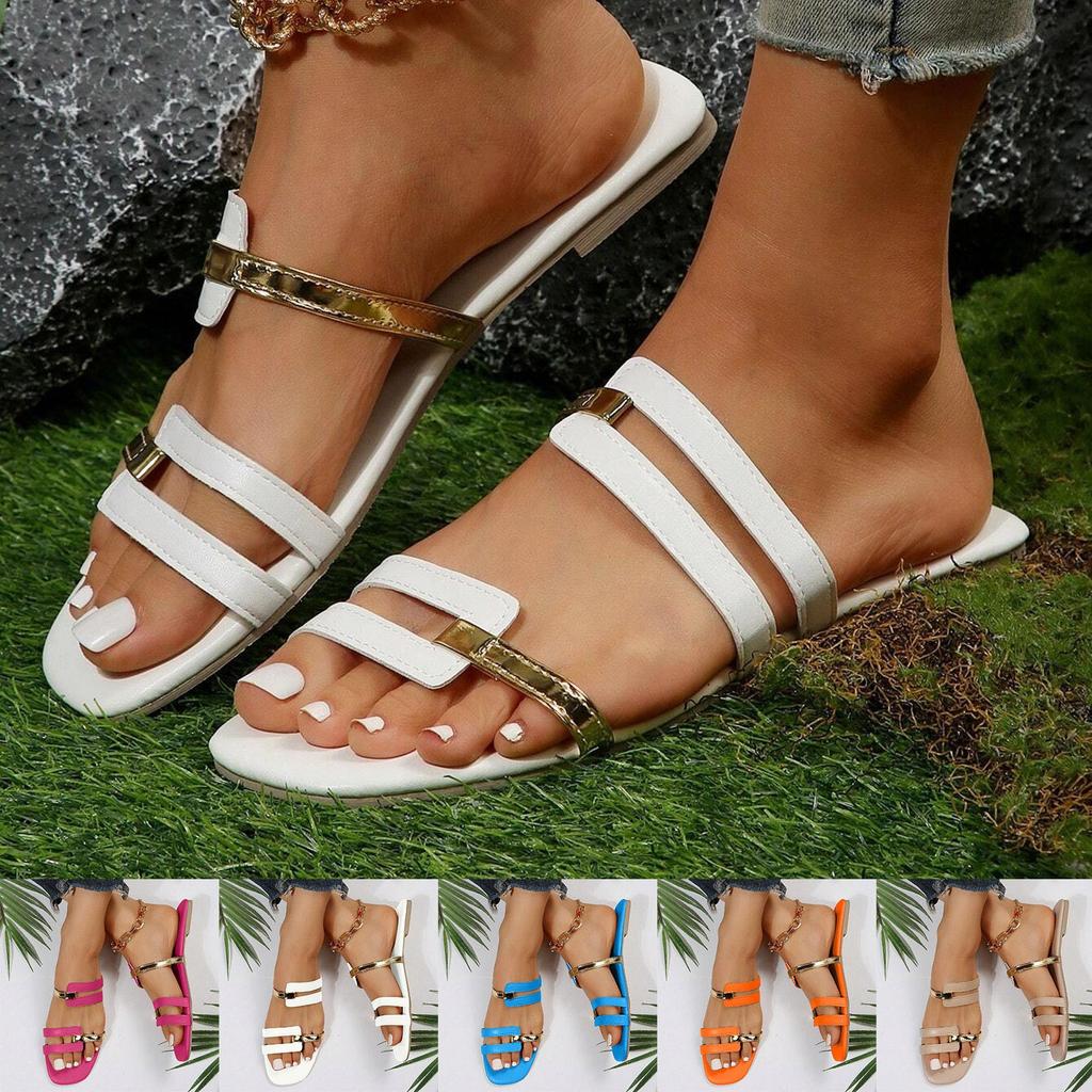 Massage Sandals Women Women'S Flat Soled Fashionable Patchwork Color Square Toe Slippers Fashionable Chaussures Femmes éLéGantes