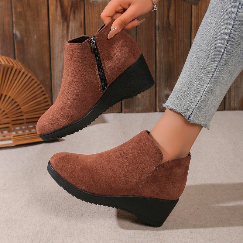 Fashion Women's Slope Heel Cotton Boots Winter New Round Head Suede Side Zipper Thick Sole Anti-slip Wear-resistant Low-top Shoes