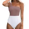 Women Swimwear Block Color One-Piece Swimsuit One Shoulder Bowknot Bathing Suit