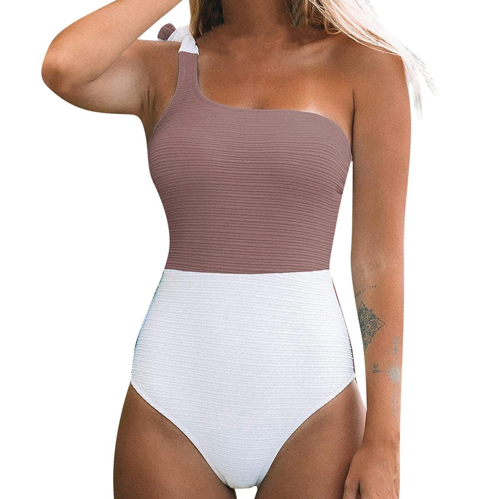 Women Swimwear Block Color One-Piece Swimsuit One Shoulder Bowknot Bathing Suit