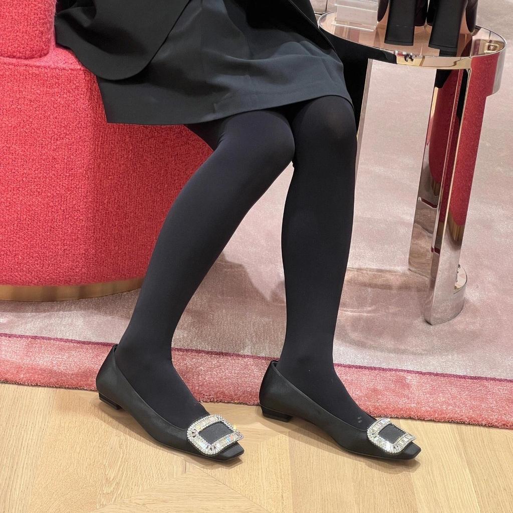 Sheepskin version~ Satin square buckle rhinestone shallow mouth grandma single shoes female flat fairy wind French Mary Jane shoes