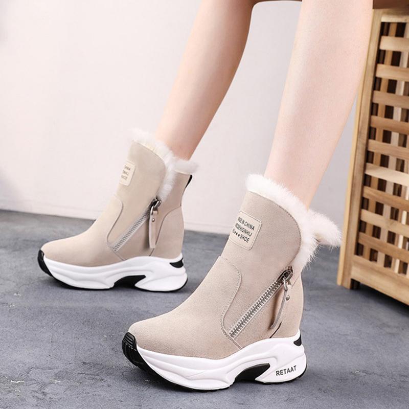 2025 Winter Shoes Women Snow Boots Genuine Leather Height Increasing 85cm Women Ankle Boots Platform Warm Plush Black Beige 34 4413₽