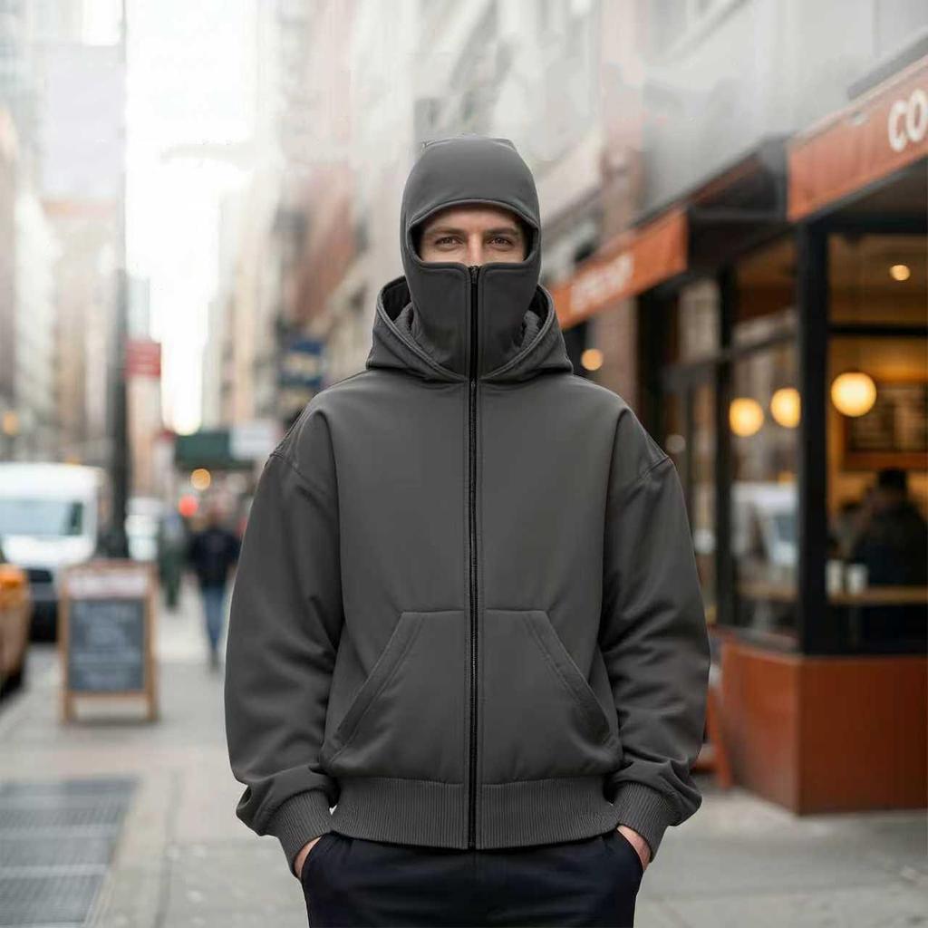 Full-Zip Hoodie with Integrated Face Cover Unisex - Oversized Fit, Kangaroo Pocket, Soft Fabric for Daily Casual & Urban Fashion Outfits
