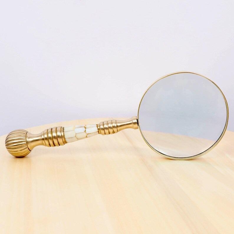 Total Length, Collectible Desk - Vintage Brass Magnifying Glass with Mother of Pearl Inlay Handle
