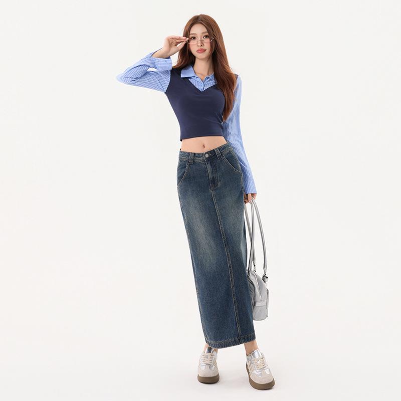 American Retro High Waist A-Line Denim Skirt with Slit and Patchwork - Spring 2026 Collection