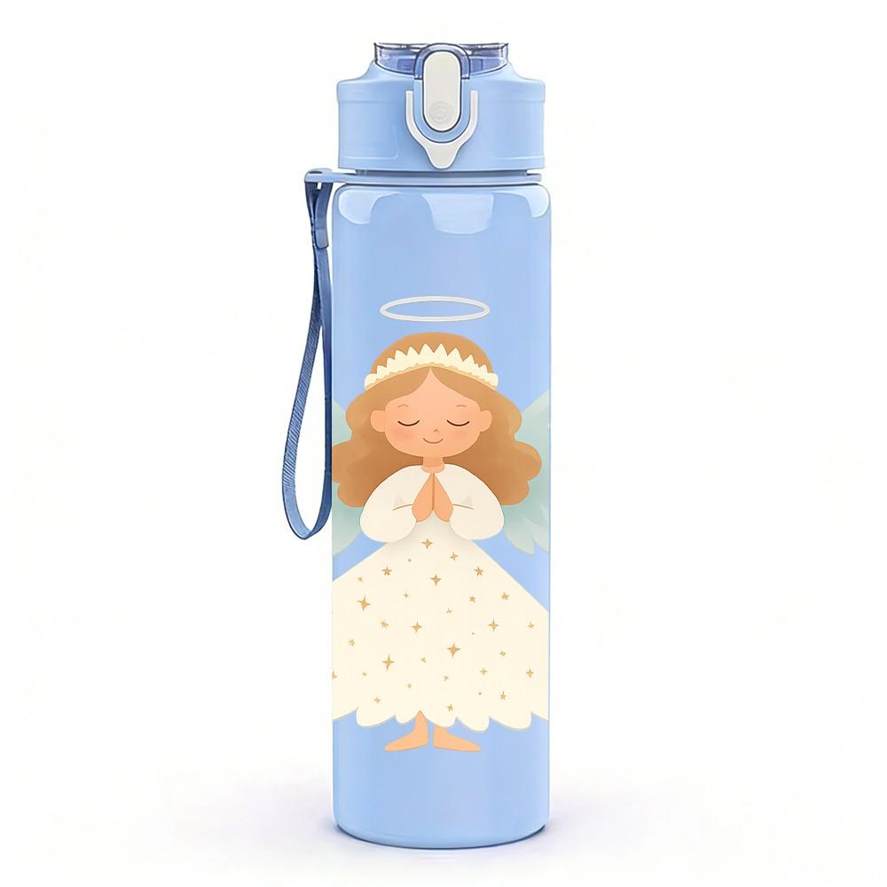 1PC White Angel Wings Figure 750ml Color Plastic Sports Water Bottle Leakproof Flip Straw Lid Suitable for Sports Office Home Use