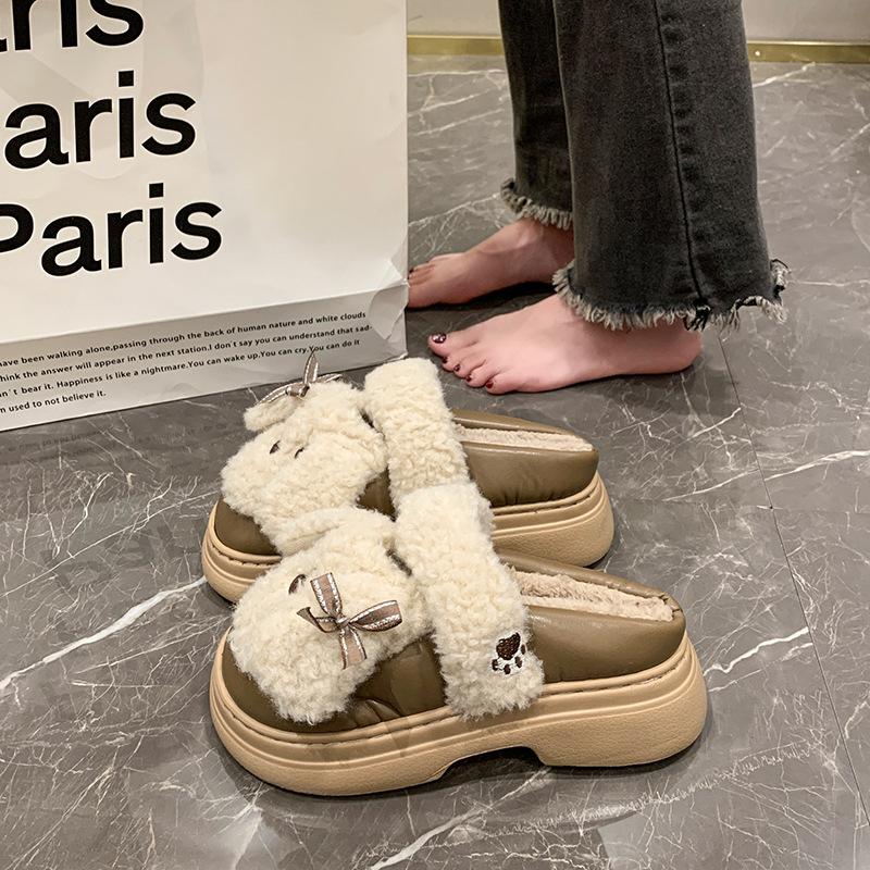 Fashion Cute Short Plush Cartoon Puppy Indoor Slippers Women Winter Warm Faux Fur Cotton Slides Comfortable Thick Bottom Bedroom Slipper