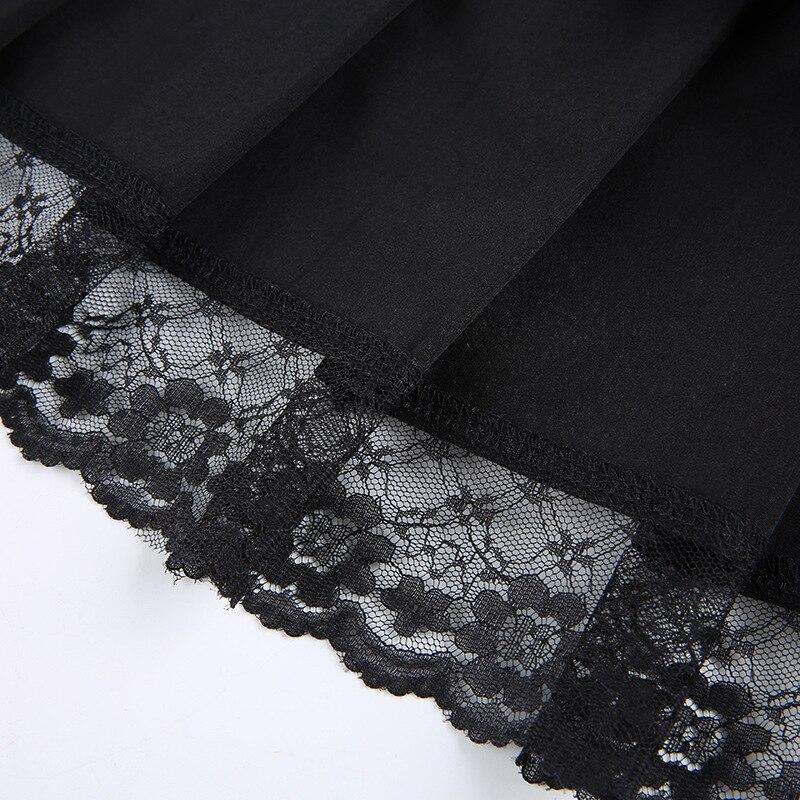2023 Women High Waist A-Line Mini Skirt Lace Decoration Pleated Printed Punk Style Black Dress Club Party Wear Hot