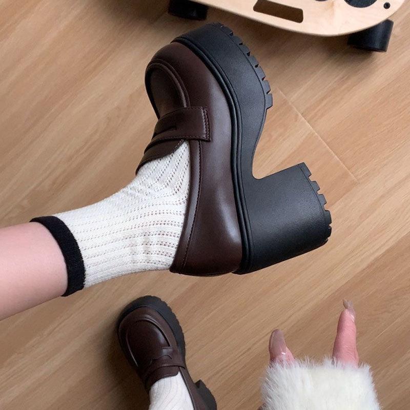 French Platform High-heeled Single Shoes One-pedal Loafers Women's Spring 2025 New British Style Retro Small Leather Shoes