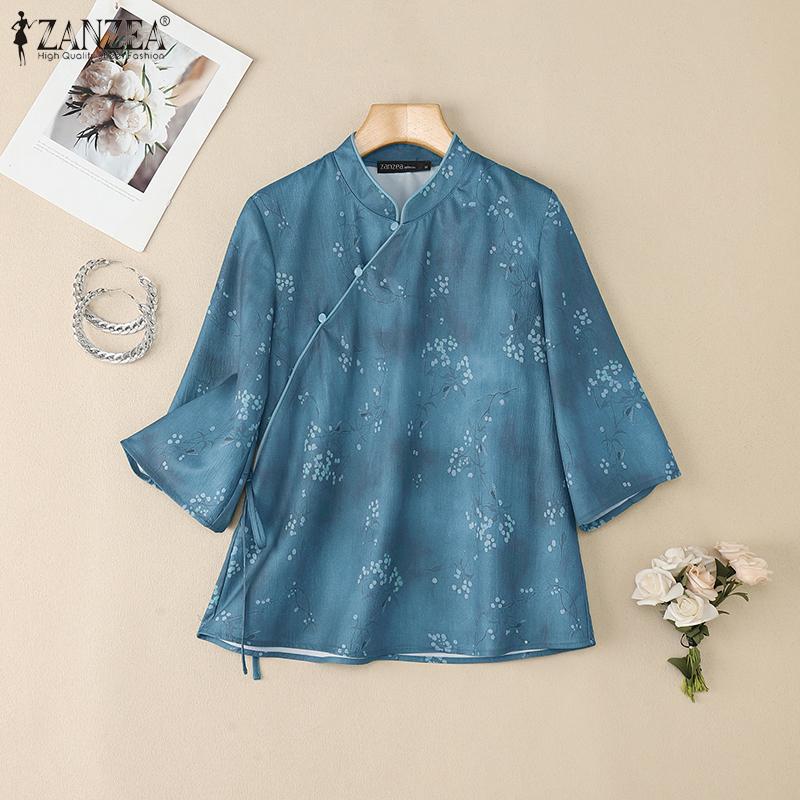 ZANZEA Vintage Women Half Sleeve Side Buttons Floral Print Ethnic Casual Blouse