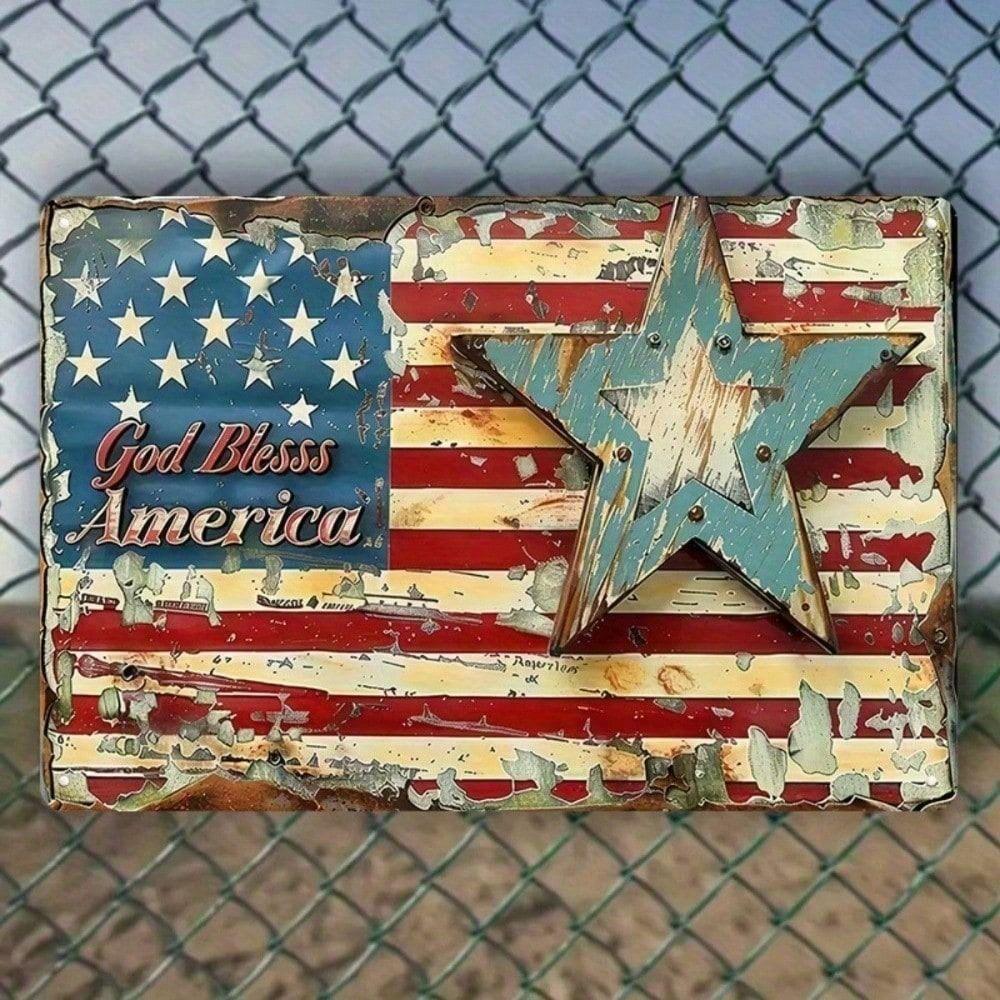Metal Wall Art Vintage Patriotic Sign God Bless America American Flag 8x12 Inch Home Decor