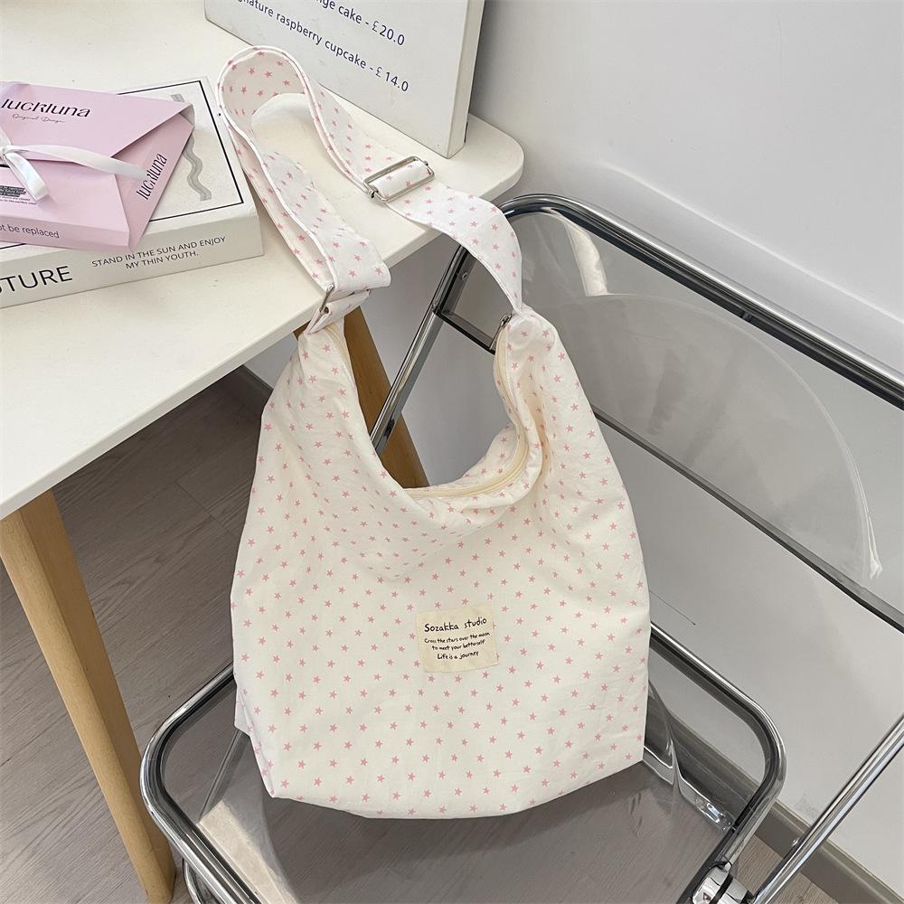 91 Sweet pink star printed polka dot shoulder canvas bag large capacity tote bag commuter fabric messenger bag