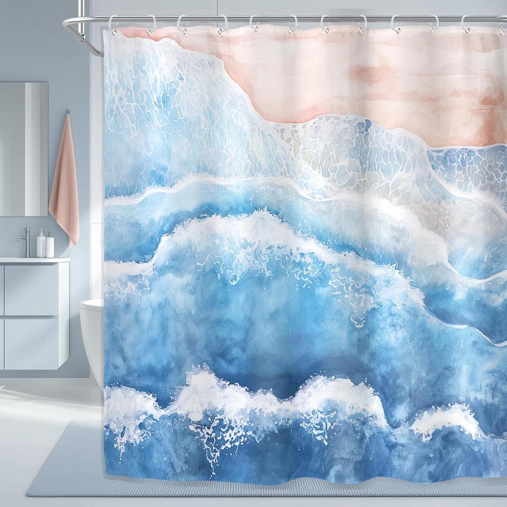 Beach Ocean Wave Shower Curtain, Blue Coastal Nautical Design, Minimalist Waterproof Polyester Art Print