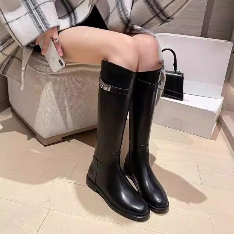Elegant with Low Heels Black Leather Round Toe Women's Long Boots Autumn Winter Comfortable Goth Ladies Knee High Shaft Shoes