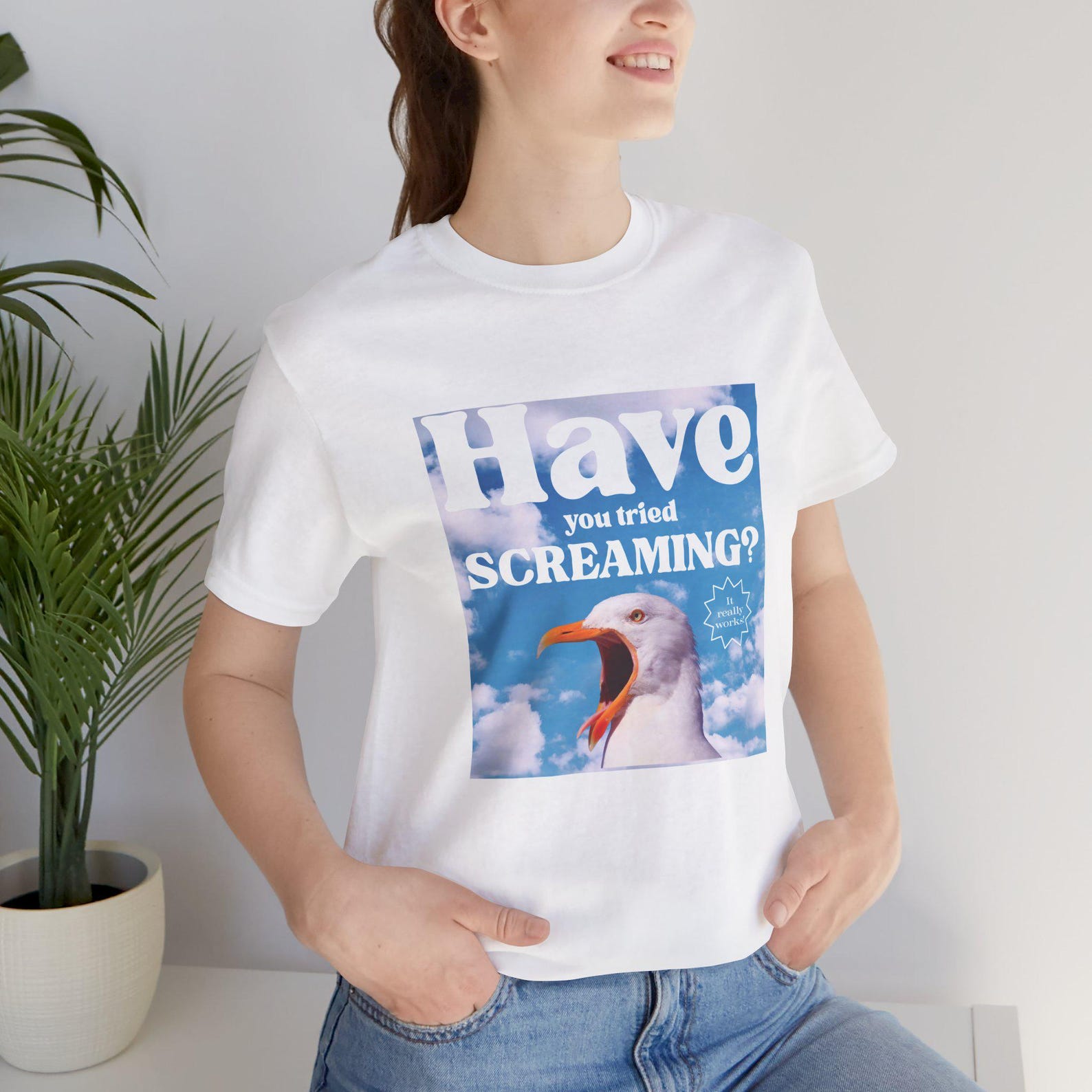 Funny Seagull Screaming Meme T-Shirt, Have You Tried Screaming?, Sarcastic Humor Tee | Unisex Cotton T-Shirt 3XL