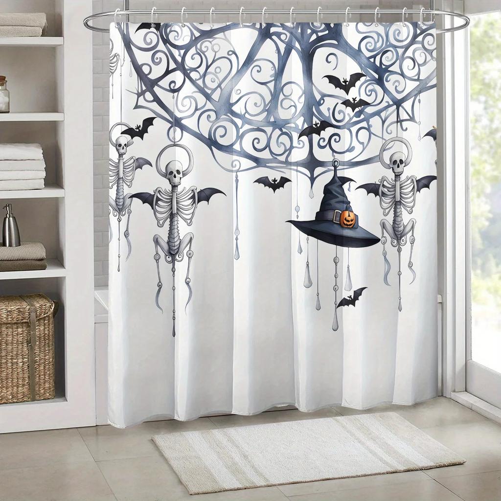 Halloween Skull Magic Hat Shower Curtain Printed Polyester Hook Waterproof Bathroom Decoration Holiday Home Gift for Bathroom