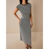 Women's Long Dress, Fashionable Casual, Color Blocked, Striped Dress, Waist Cinched, Round Neck, Short Sleeved, Long