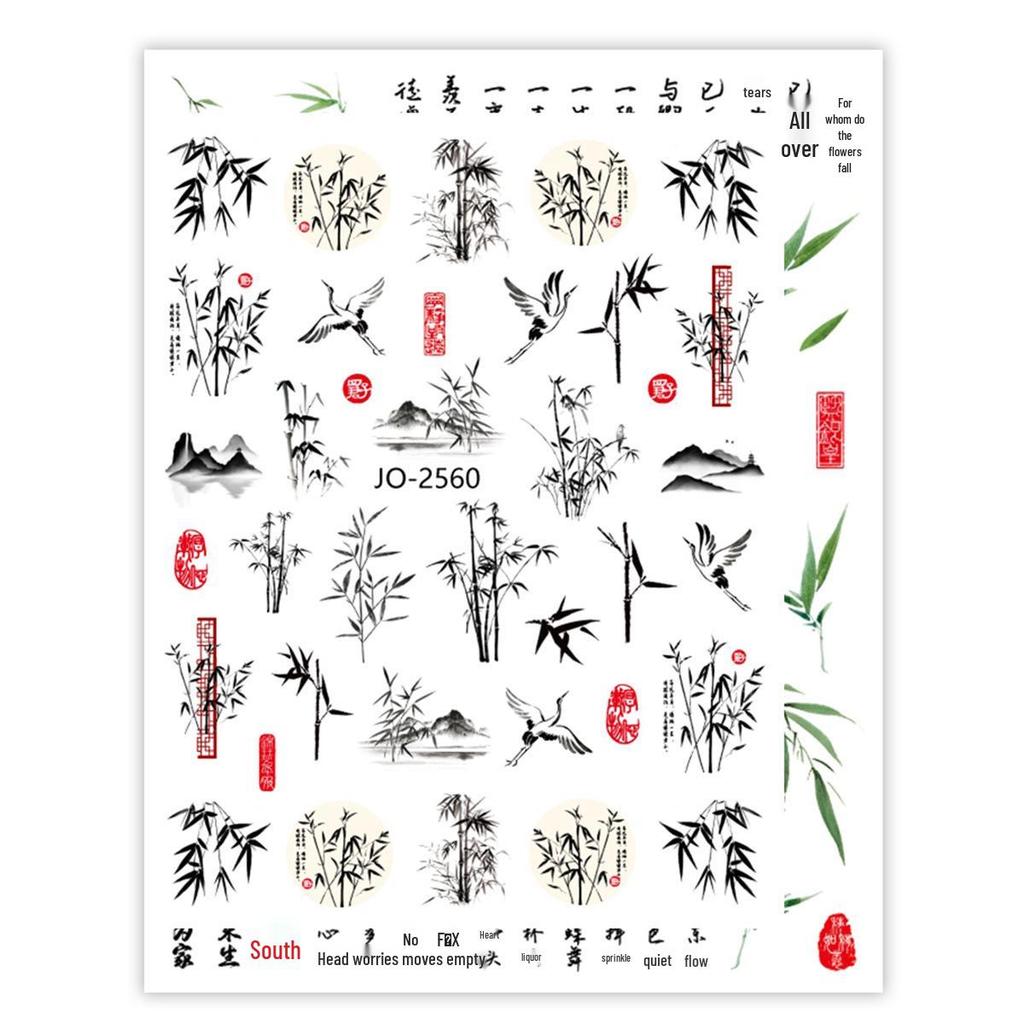 Chinese Ink Bamboo Trend Nail Art Stickers: Self-Adhesive Tearable Decals for DIY Decoration.