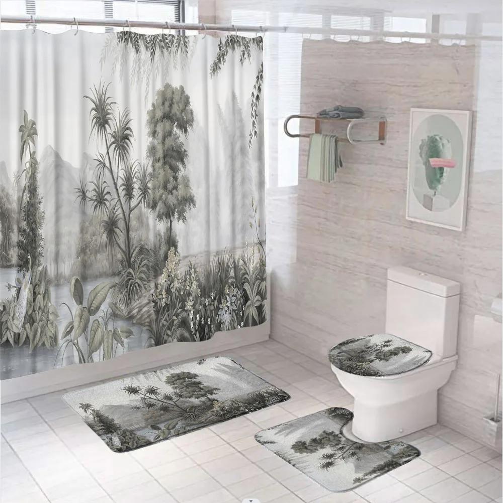 Watercolor Plant Floral Shower Curtain Set Country Wild Flower Leaves Bathroom Decor Screen Non-Slip Bath Mat Toilet Rug Carpet