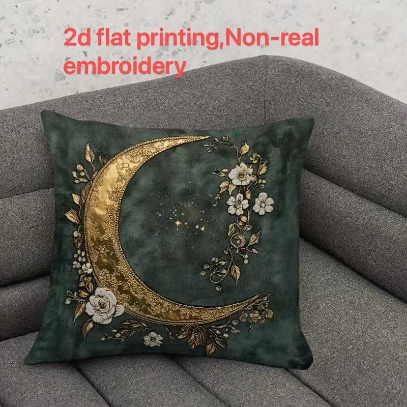 Mystic Gold Moon Floral Pillow Cover 2D Faux Embroidery Print Emerald Green Celestial Boho Cushion Case For Sofa Bed Home Decor