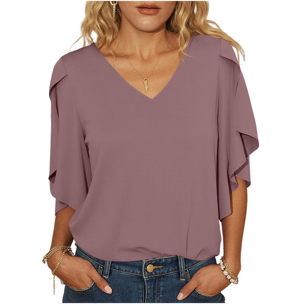 Women's Loose Fit Chiffon Blouse V Neck Casual Top Lightweight Flowing Sleeve Shirt for Everyday Wear