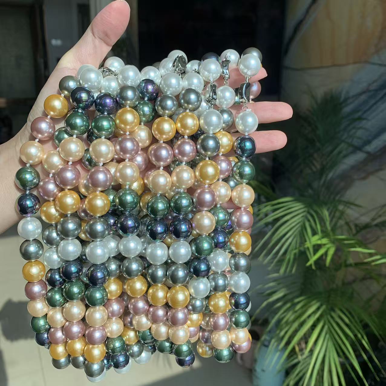 Vintage 14Mm Large Granular Colored Malachite Green Tahitian Gold Beads Australia White Beads Pearl Necklace Clavicle