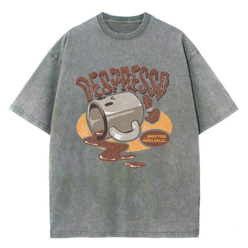 Casual Style Cartoon Coffee Cup Print Women T-Shirt Loose Wash Popular Short Sleeve Unisex Cute Distressed Top Men