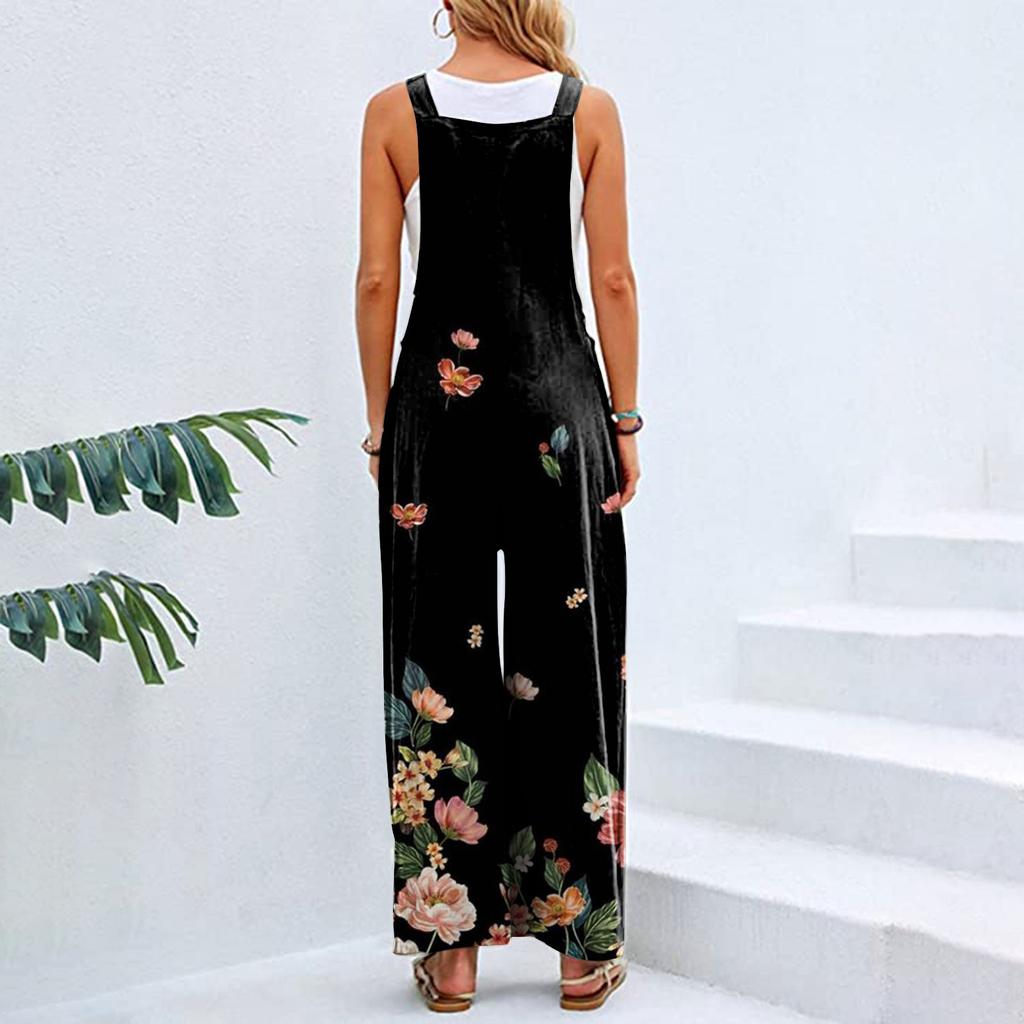 Women's Casual Loose Printed Sleeveless Tank Top Jumpsuit Square Neck Gathered Wide Leg Jumpsuit With Pockets