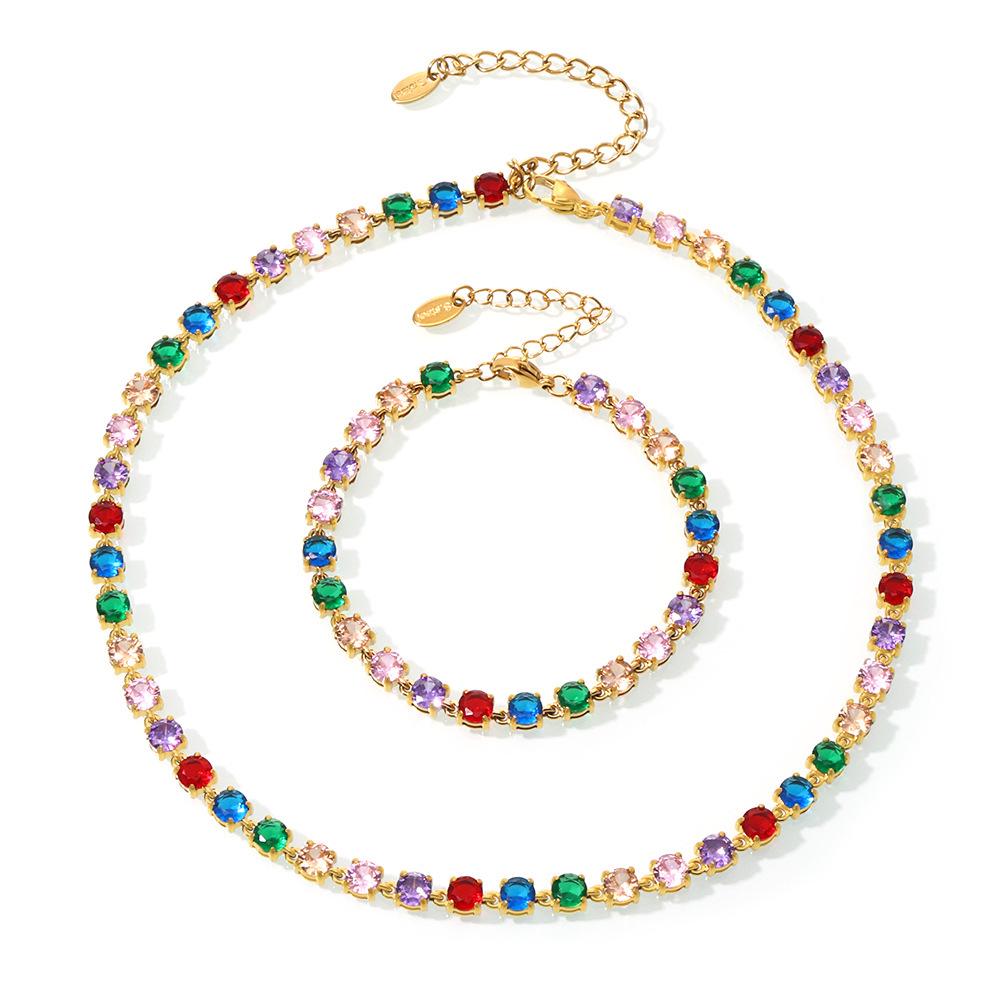 Mili Ins 18K Gold PVD-Plated Stainless Steel Set: Handmade Claw-Set 5mm Colored Zircon Bracelet & Necklace, Super Shiny.