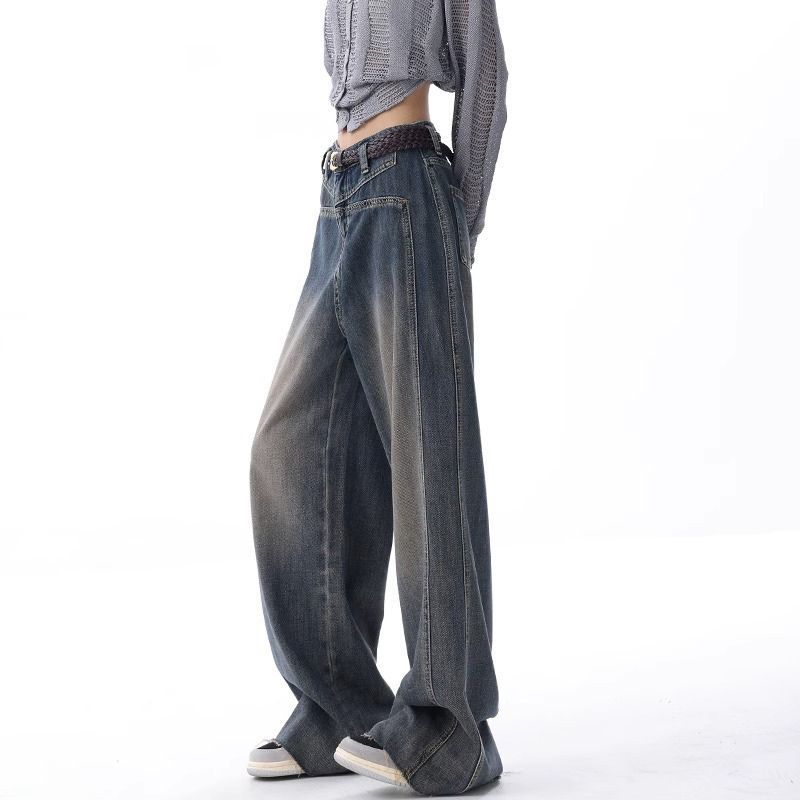 Vintage Blue Jeans Women's New Wash Nostalgic Raw Edge Design Drape Wide-leg Trousers Pants