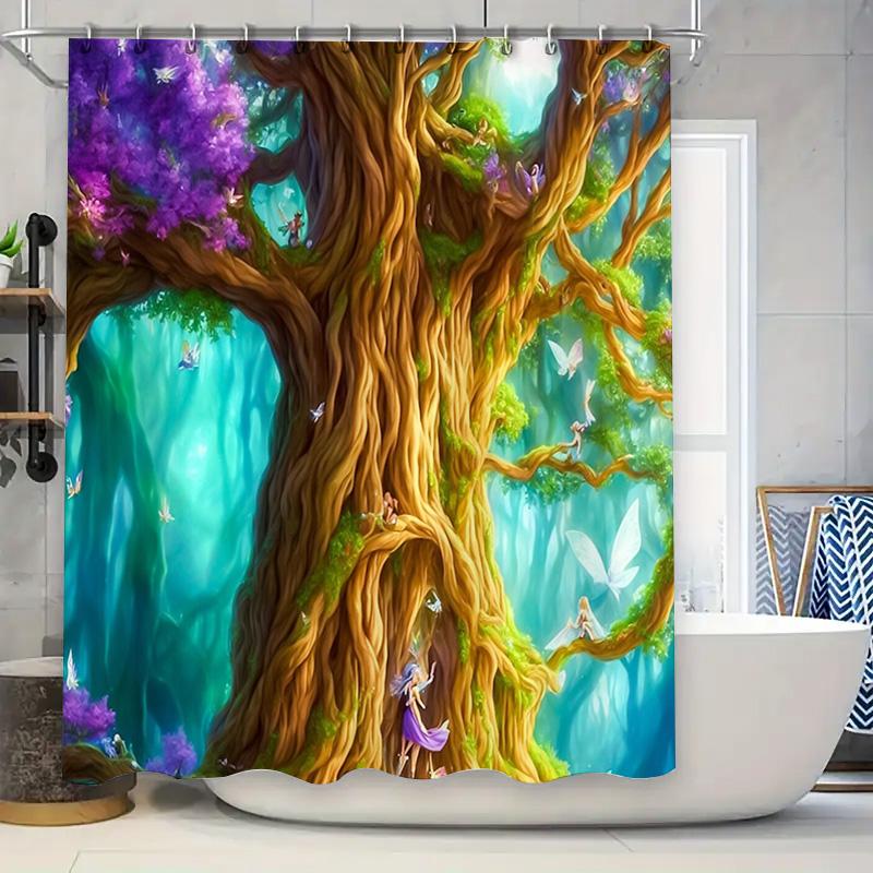 

Forest Waterfall Shower Curtain Nature Landscape Teal Blue Bathroom Decor Vintage Artistic Home Decor Spa Retreat Tranquil Vibes W60H190(CM)-1 Pcs