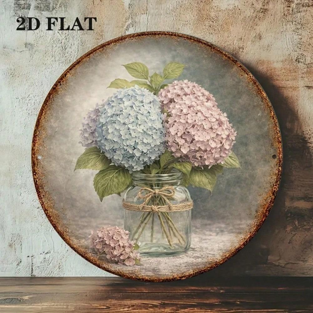 Vintage Hydrangea Round Wall Sign, Rustic Farmhouse Flower Plaque, 2D Flat Wooden Art for Living Room Kitchen Patio, No Frame