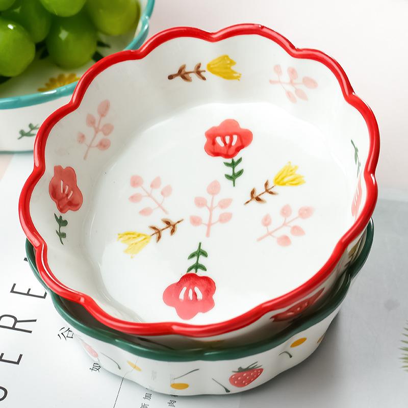 Ceramic Bowl Household Personality Cute Fruit Salad Bowl Microwave Oven Baked Rice Bowl Oats Breakfast Bowl Female Flower