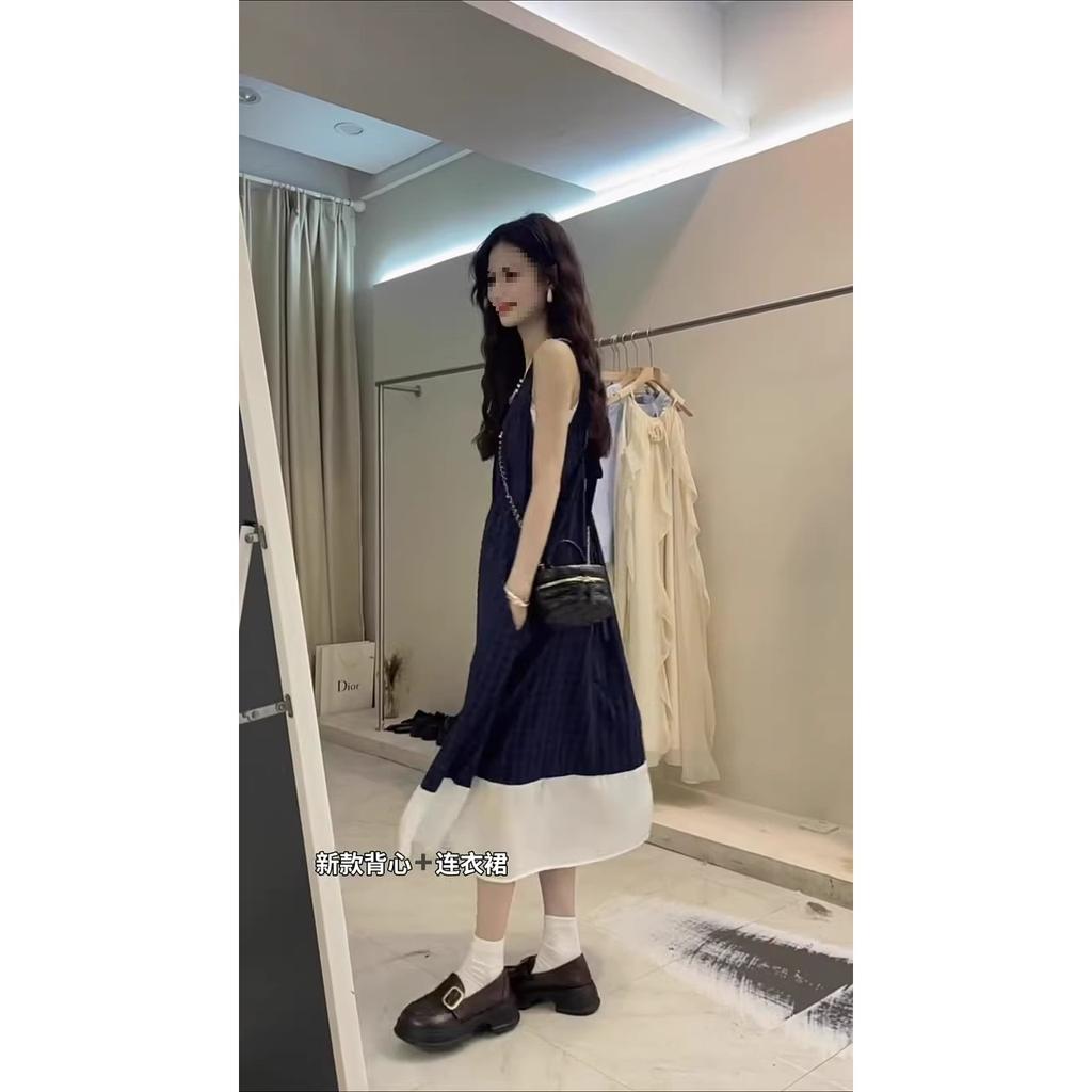 Blue Plaid Sleeveless Dress French Literary Style Mori Retro Small Fresh Holiday Suspender Vest Long Dress