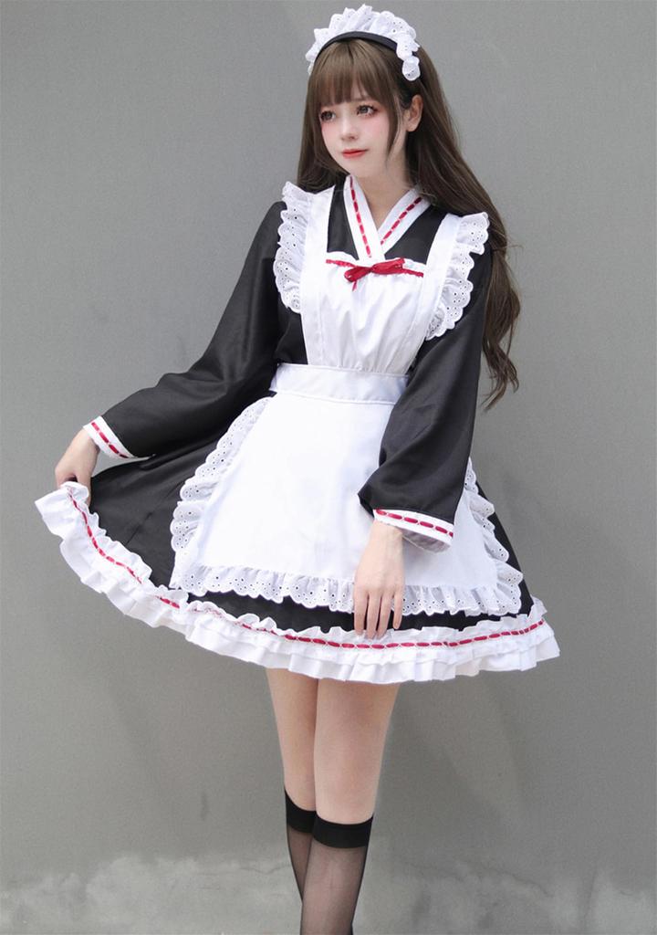 YZZYQQ Cute Maid Costume, Cosplay Set, Women's, Cute Cosplay Dress, Japanese-Style Maid Outfit, Long Sleeves, Chinese Style, Black, Size XL