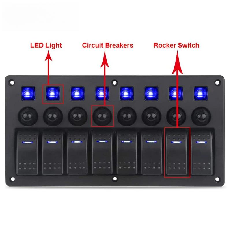 Painel de interruptores de balancim para barco marinho de 8 vias com disjuntores, painel de interruptores LED 12V 24V para barco, trailer, caminhão, acessórios