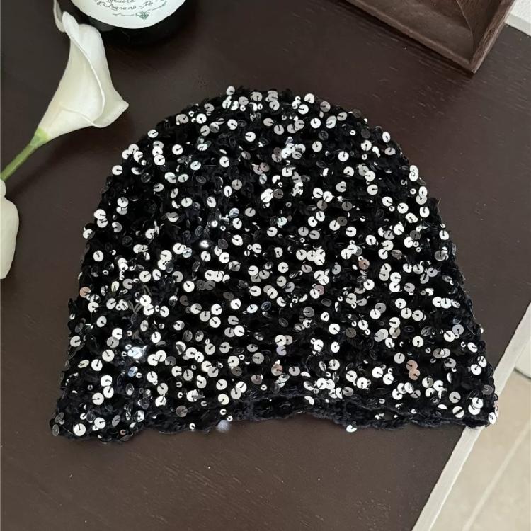 Reflective Sequined Hat Stackable Design Comfortable Pullover Hollowout Hat For Women Daily and Evening Party Photo Wear