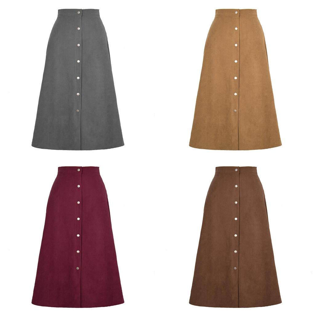 Corduroy High Waist Midi Skirt With Button Closure For Office And Fall Season