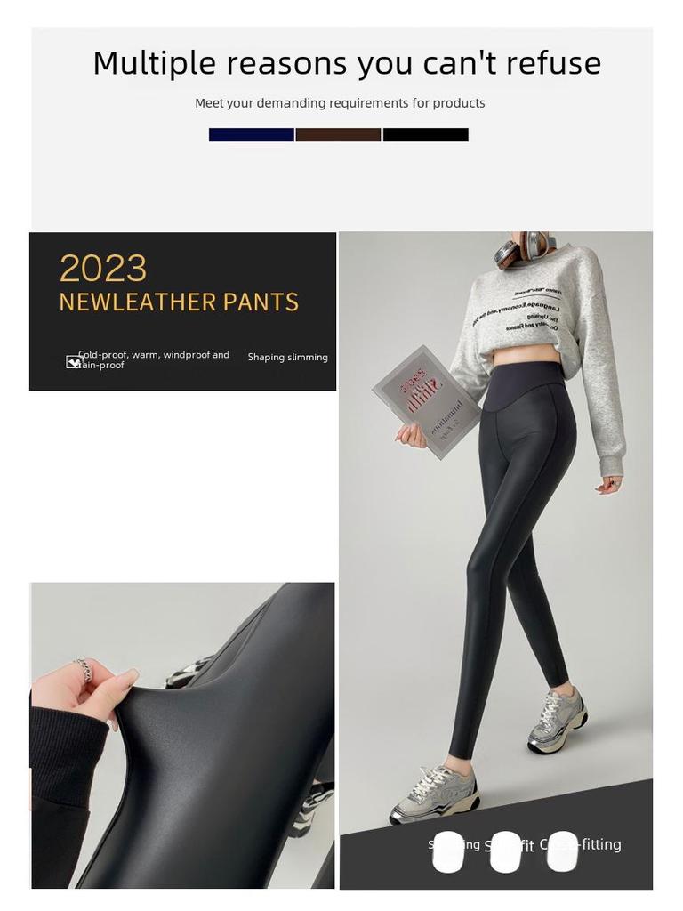 Dámské kožené jógové kalhoty s vysokým pasem a sametovou podšívkou na štíhlé postavy