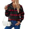 Women's Fashion Zipper Lapel Heart Contrast Color Long Sleeve Pullover Top